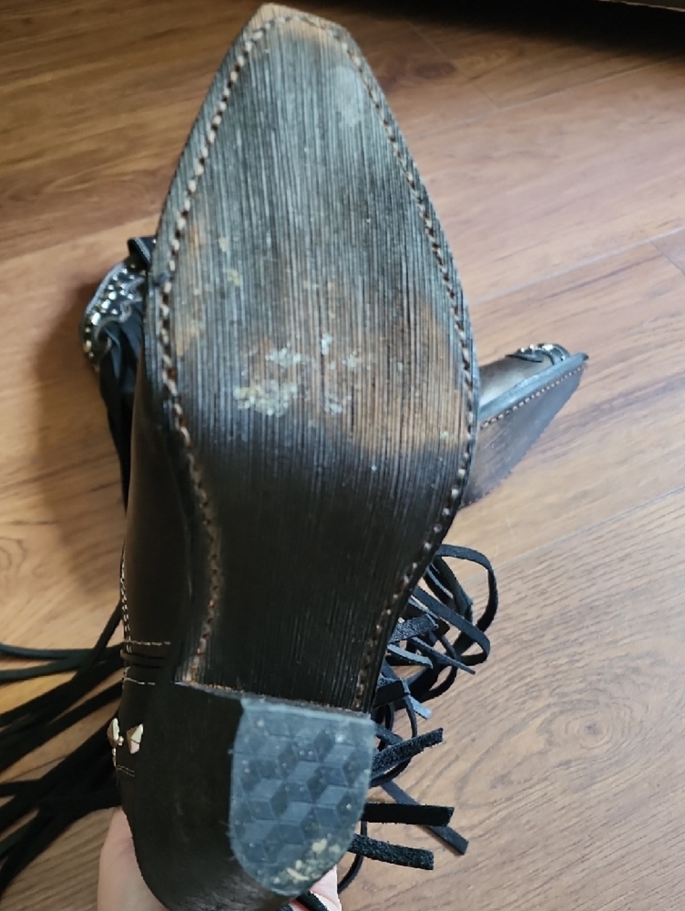 Fringe Studded Western Ankle Boots - Black/Brown with Silver Accents - Picture 7 of 13